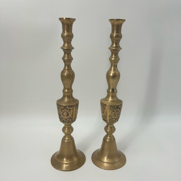 Vintage Pair Large Brass Statement Candlesticks Mid Century Modern Candelabras - Picture 1 of 8